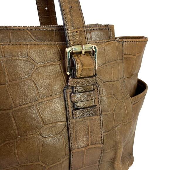 Perlina Womens Brown Croc Embossed Leather Double Handle Shoulder Bag Purse - Picture 4 of 16